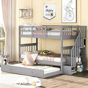 Twin Over Twin Bunk Bed With Trundle And Storage Stairs, Stairway Wooden... - $908.99