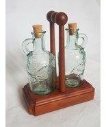 Rustic vinegar and oil vine embossed glass bottle dispenser set in woode... - $807.58 MXN
