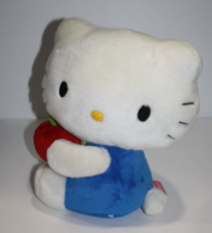 Sanrio Hello Kitty Holds Red Apple Plush Cat 10&quot; Blue Stuffed Soft Toy 2009 - £13.10 GBP