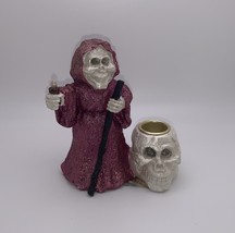 Grim Reaper Purple Halloween Taper Candle Holder Glitter Cute 5 in Skull - £9.03 GBP