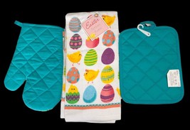 Easter Eggs Spring  Dish Towel Oven Mitt Pot Holder Set of 3 Eggs Egg Bunny - £19.64 GBP
