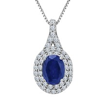 Sterling Silver Oval Shape Blue Sapphire &amp; White Diamond Halo Pendant - £33.37 GBP