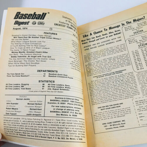 VTG Baseball Digest Magazine August 1974 Gaylord Perry by Carl Skalak Item image 3