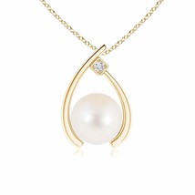 Authenticity Guarantee 
Freshwater Pearl Wishbone Pendant with Diamond in 14K... - £411.94 GBP