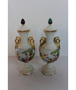 VINTAGE PAIR OF CAPODIMONTE LIDDED POTTERY URNS CHERUBS DHA388 - $195.00