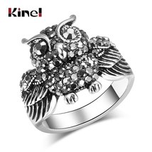 Hot Owl Ring For Women Antique Tibetan Silver Mosaic Bright Black Crystal Party  - £6.09 GBP