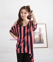 Japan Striped Open Shoulder OVersized Knit Tunic T Shirt! Coral - $13.81