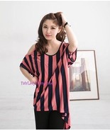 Japan Striped Open Shoulder OVersized Knit Tunic T Shirt! Coral - £10.86 GBP