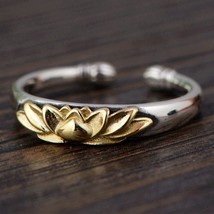 BALMORA 925 Sterling Silver &amp; Gold Lotus Flower Open Stacking Rings for ... - £18.62 GBP