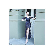 Blue Sequin Dress   Glitter Dress Off Shoulder Evening Gown Floor Length... - $114.73