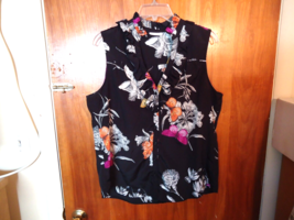 New York &amp; Co.Size L Ruffled Black Multi Color Button Down Sleeveless Fl... - £13.96 GBP