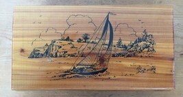 Vintage 70s Solid Cedar Wood Sailboat Nautical Print Trinket Jewelry Vanity Box - £44.86 GBP