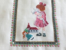 LITTLE GIRL w/KITTEN &amp; DOLL on Linen on Embroidery Rollers - Design 15&quot; ... - $14.85
