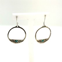 Vintage Sterling Native American Inlay Turquoise Etch Round Hoop Hook Earrings - £31.75 GBP