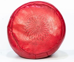 Red handmade leather pouf - authentique moroccan ottoman pouf (40x40x25cm) - £92.66 GBP