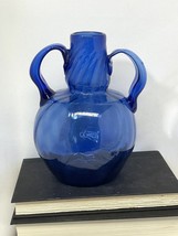 Vintage Avalos Mexican Cobalt Blue Hand Blown Vase Double Handled Glass ... - £27.87 GBP