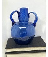 Vintage Avalos Mexican Cobalt Blue Hand Blown Vase Double Handled Glass ... - $35.53