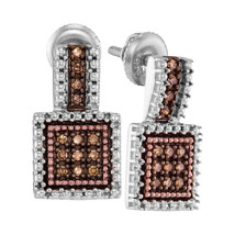 Sterling Silver Womens Round Brown Diamond Square Earrings 1/5 Cttw - £126.78 GBP