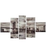 *MS) Brooklyn Bridge New York Skyline 5 Piece Black &amp; White Split Canvas... - $79.19