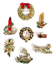Vintage Brooch Lot Christmas Pin Rhinestone Crystals Tree Wreath Candle ... - $46.00