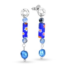 Stylish Blue Murano &amp; Cultured Freshwater Pearl Sterling Silver Dangle Earrings - £11.93 GBP