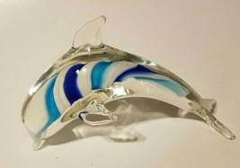 Hand Blown Blue and White Swirled Glass Dolphin Murano Style Figurine 6&quot; Long  - £11.98 GBP