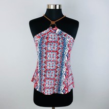 Chaps Womens M Sleeveless Red Blue Bohemian Boho Print Strappy Neck Accent Top - £11.98 GBP