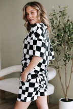 Black Checkerboard Print V Neck Loose Tee and Shorts Lounge Set - $20.68