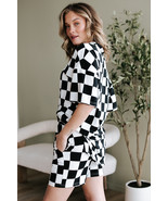 Black Checkerboard Print V Neck Loose Tee and Shorts Lounge Set - $20.68