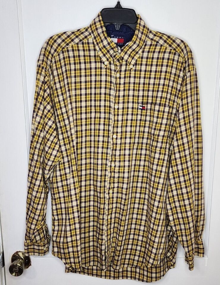 Tommy Hilfiger Long Sleeve Yellow Plaid Button Up Dress Shirt Men&#39;s Size... - $4.00