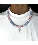 Iced Disco Ball Beaded Baseball Necklace Miami Pink Blue + Silver Cross ... - $320.24 MXN+