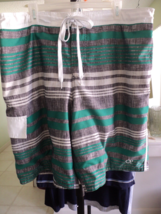 MENS OP GREEN GRAY WHITE  XL SWIM TRUNKS INSEAM 11 #7633 - $8.10