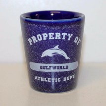Property Of Gulfworld Athletic Dept. Ceramic Dark Blue Shot Glass, With Dolphin - £4.78 GBP