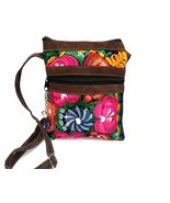 Floral Embroidered Crossbody Bag  Multicolored Brown Vegan Suede Slim P... - $23.75