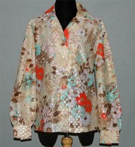 VTG Jami Abstract Bright Flowers Silver Metallic Thread Dots Blouse Wms ... - £22.37 GBP