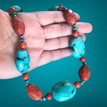 Vtg Signed Lucas Lameth LUC Sterling Silver Turquoise Chunky Red Coral Necklace - £155.31 GBP