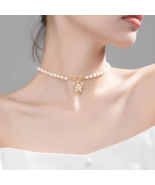 Freshwater Pearl Butterfly Necklace 14K Gold Plated 925 Silver Handmade Gift - $78.21
