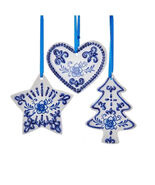 KURT ADLER SET OF3 PORCELAIN DELFT BLUE XMAS ORNAMENTS - HEART/TREE/STAR... - $30.49 CAD