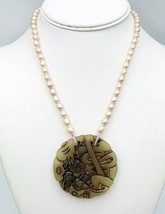 Vintage Asian Chinese Carved Open Work Hardstone Pendant Necklace Genuine Pearl - £51.41 GBP