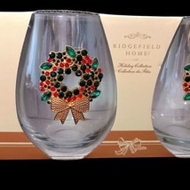 2 Christmas Wreath Wine Glass Rhinestones Stemless RIDGEFIELD HOME Bejeweled NEW - £33.47 GBP