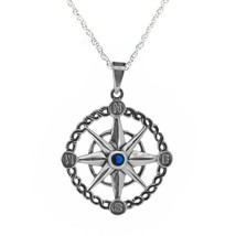 Outlander Inspired Nautical Compass Silver Pendant with Sapphire colour stone - £48.79 GBP