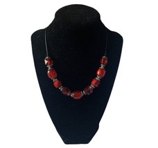 Chunky Red Beaded Silver Spacers Necklace Black Cord Fashion Statement - £11.81 GBP
