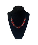 Chunky Red Beaded Silver Spacers Necklace Black Cord Fashion Statement - £11.44 GBP