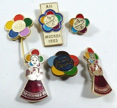 Moscow 1985 XXII Worlds Youth Games Piece &amp; Friendship Enamel pins lot of 6 - £19.72 GBP