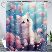 AILONEN 3D Printed White Kitten Shower Curtain 72x84 Blue Pink Floral Hooks - $355.16 MXN