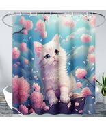 AILONEN 3D Printed White Kitten Shower Curtain 72x84 Blue Pink Floral Hooks - €16,57 EUR