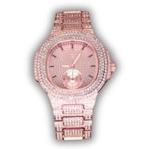 Men&#39;s 50mm Techno Pave Hip Hop Iced Bling CZ Rose Gold Plated Metal Band Watch - £22.40 GBP