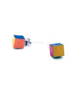Handmade Wooden Rubik’s Cube Earrings, Laser-Cut Colorful Minimalist Stu... - $486.72 MXN