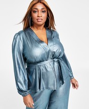 Nina Parker Trendy Plus Size Metallic Wrap Top - Ice Blue - £13.06 GBP