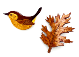 Set of Two Wooden Intarsia Pins Bird Leaf - £12.66 GBP